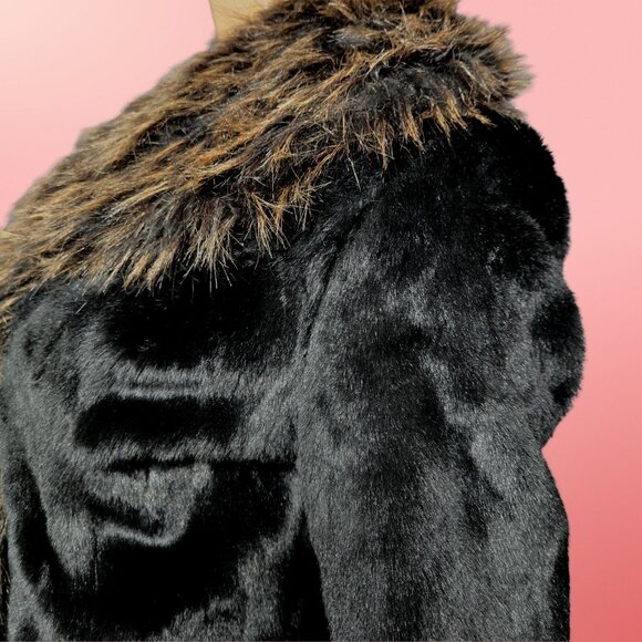 Y2K Faux Fur Penny Lane Coat Size S Boho Glam Black Brown Trim Short Length - Picture 7 of 11